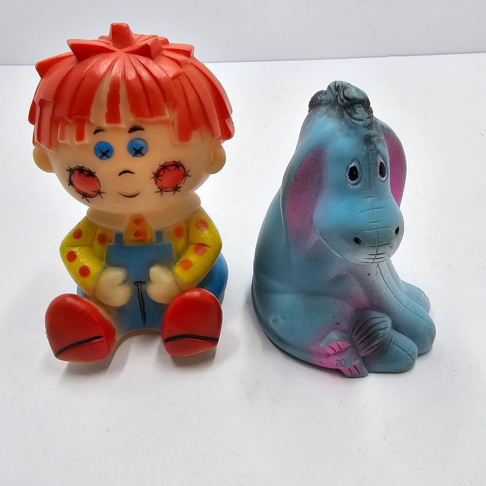 Vintage Raggedy Andy Eeyore Squeak Toy Lot 1970s Sears Roebuck Rubber Figures